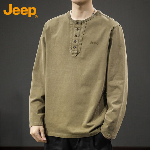 Jeep (JEEP) long-sleeved T-shirt men's spring and autumn trendy brand retro Henry collar cotton bottoming shirt top men's gray 2XL