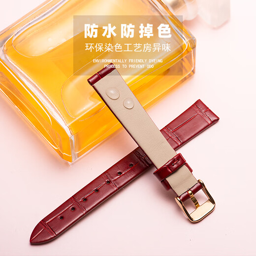 DK适配真皮牛皮手表带女薄款LS3951 3886 3887 51196红白蓝表链14mm 黑色+金色针扣 16mm