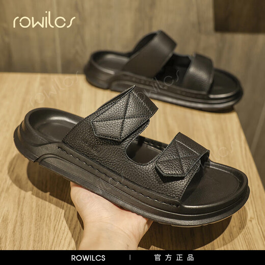 rowilcs品牌高档拖鞋男2025新款夏季户外穿耐磨高端男士沙滩鞋开车凉鞋男 黑色 38