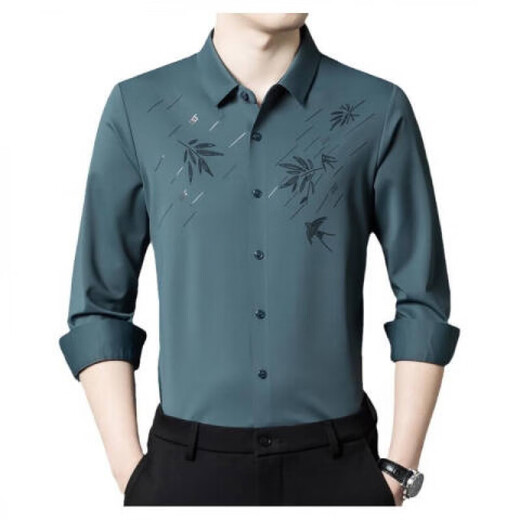 利郎男装长袖衬衫2024秋冬新款中青年商务休闲免烫印花含羊毛衬衣 6621兰色 M 165