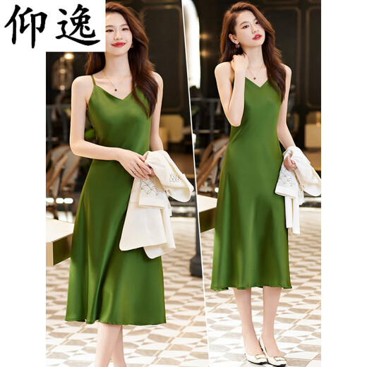 
Yangyi black acetic acid suspender dress in summer high-end small satin mid-length temperament slimming inner skirt 9711 black suit + green dress S