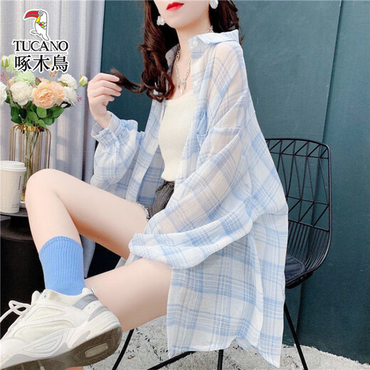 啄木鸟冰丝防晒衣女夏季新款透气轻薄衬衫宽松格子外套 蓝色 S