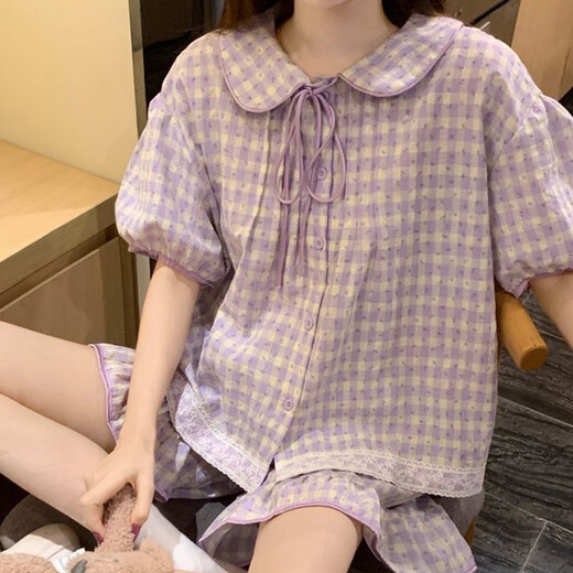 山头林村睡衣女夏季棉麻韩版小清新碎花格子娃娃领短袖家居服套装夏天学生 12346 口袋小猫 M