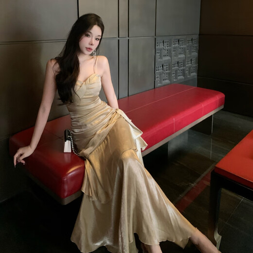 YIOU 2025 Mermaid Ruffle Temperament Adult Ceremony Suspender Dress Birthday Cocktail Dress Long Skirt 7065 Khaki S