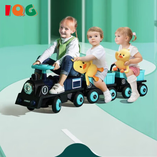IQG品牌儿童电动车四轮遥控汽车男孩小孩宝宝玩具车小火车玩具 电动款-蓝色火车头+1节蓝色车厢