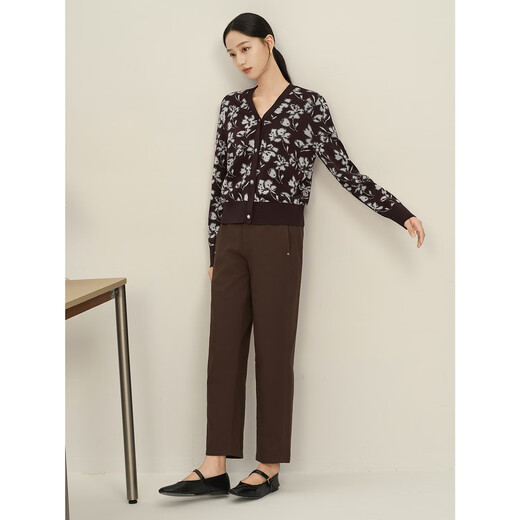 JUZUI Elegant Simple Style Artistic Jacquard Knitted Cardigan Women's 2025 Autumn New Style JLFQ30602 Flower Dark Coffee 2XL