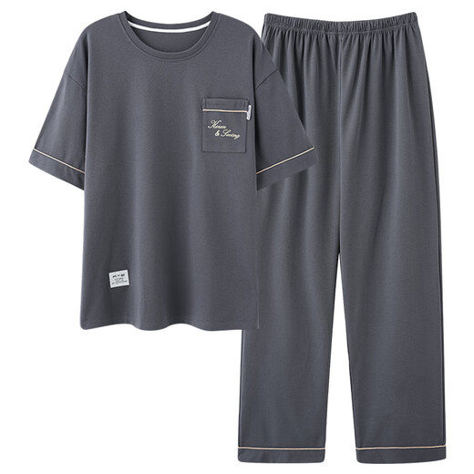 Langsha (Langsha) 2025 New Pyjamas Herren Sommer reines Baumwoll kurzärmelige Hosen Pull-up-Home-Kleidung Herren Sommer Dünner Anzug Om13077 L