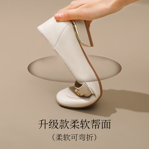 ZHR单鞋女英伦风舒适方头乐福鞋女两穿粗跟透气皮鞋女 K196 米色 36