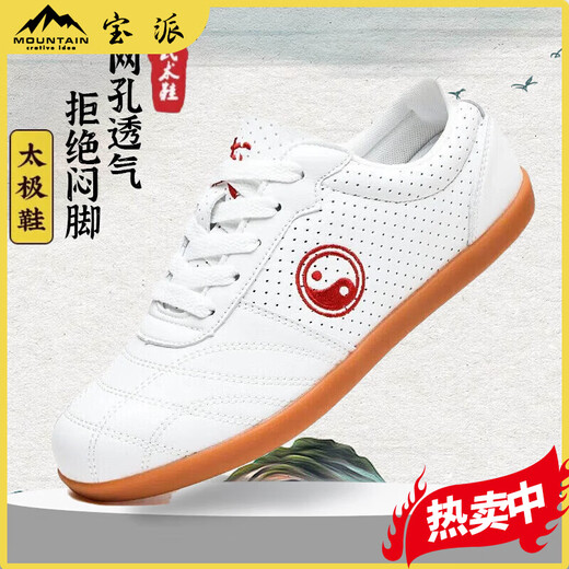 何佳功夏季透气皮面男女款太极鞋透孔牛筋底太极拳鞋通用运动训练鞋百搭 9789白色真皮冲孔款 37