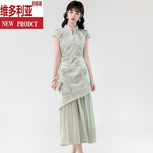 维多利亚的格调新中式年轻款独特漂亮掐腰连衣裙女新款2025夏季穿搭气质国风裙子 绿色 L