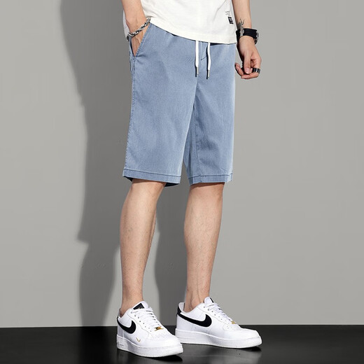 Satchi Tiansi Laiseer Denim Fünf-Punkte-Hosen für Männer 2025 Sommer dünne lose gerader modische Wasser-Wäsche lässig Casual Shorts für Männer EU_1049 Hellblau 28