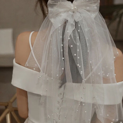 
Shantou Lincun veil and get a pearl bride Korean style pearl wedding dress wedding short face covering small veil white wedding shot Title page pearl veil