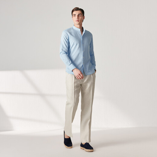 By Creations Cool Cotton Linen Perpin Henry Collar Blue Shirt Men's Summer Business Casual Light Blue 38