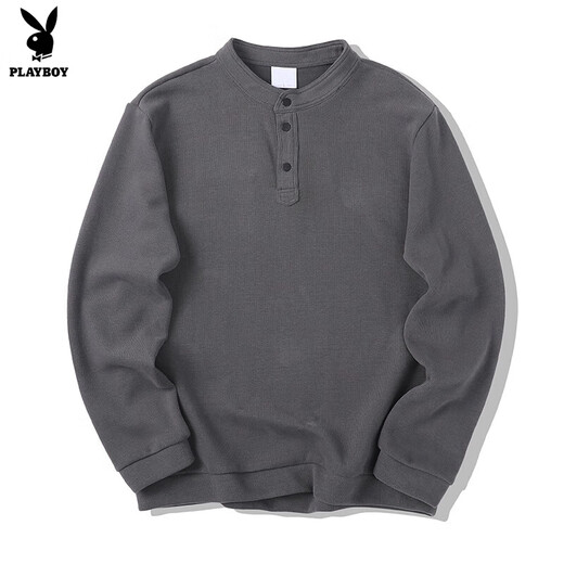 Playboy Stand Collar Sweatshirt Men's Spring and Autumn 2025 New Loose Henley Collar Heavy Long Sleeve Bottoming Shirt Pullover Jacket Cement Gray M