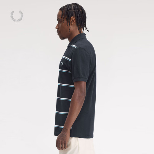 Fred PerryFREDPERRY Men's Casual POLO Shirt 2025 Summer Lapel Double Striped Wheat Ear Embroidered Short Sleeve M9905 Navy NYX L