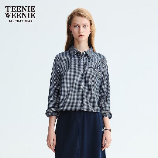 Teenie Weenie Bear Women's Clothing Shirt 2025 Autumn New Women's Temperament Commuter Short Plaid Shirt Navy Blue S