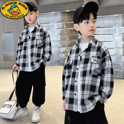 G.duck children's clothing boys' shirt spring and autumn children's shirt long-sleeved cotton 2026 new medium and large children's plaid casual jacket orange double label shirt 110 size (suitable for height around 100cm)