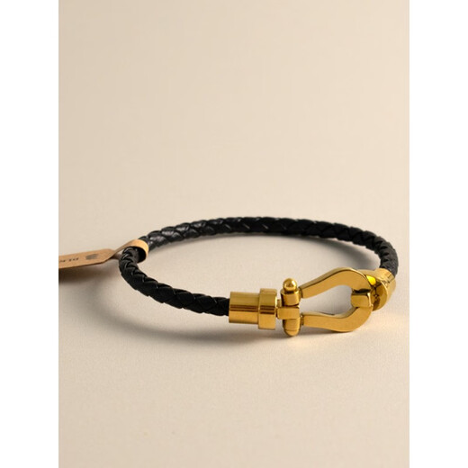 ANST Old Phoenix Gold Store Model 18K Gold-plated Sasha Flat Model Gold-plated Leather Braided Horseshoe Buckle Bracelet Bracelet Women's Hand S Black Cowhide Total Length Approximately 17.5cm/Suitable for Wrist