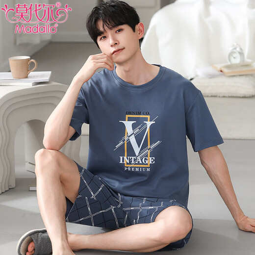 Pajabas de pijama modales de verano pantalones cortos de manga corta para hombres de dos piezas frescas, cómodas, informales, sueltas, talla grande ropa para usar fuera de Y9717 L (100-130Jin [Jin equivale a 0.5 kg])