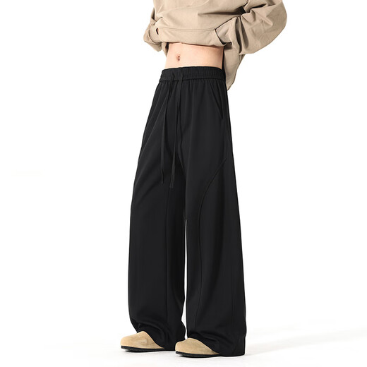 Homlean American solid color sports casual pants for autumn men's simple fashion loose straight wide leg long pants JX15 black XL