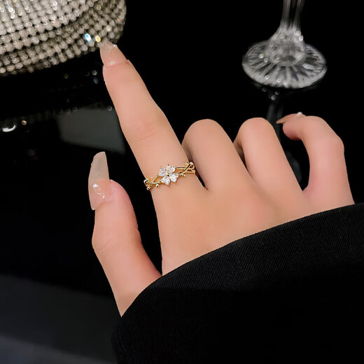 Flower micro-encrusted winding ring, exquisite, luxurious and high-end index finger ring, new trendy niche ring for women, golden flower ring (opening can be adjusted)