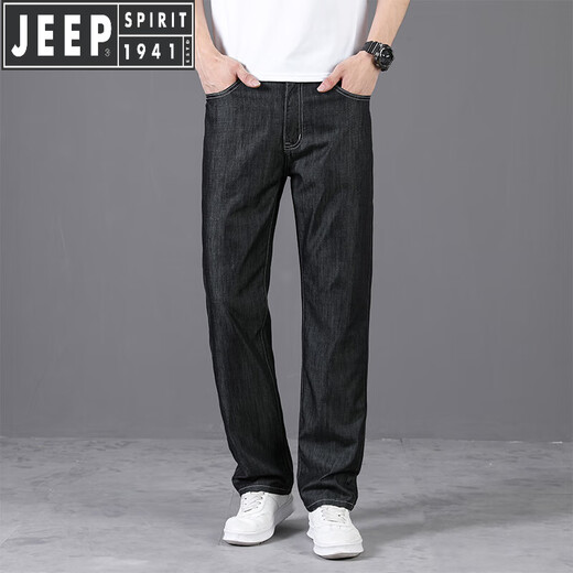 Jeep Spirit Jeep Ice Silk Jeans Men's Summer mince droite lâche 2025 Nouveau pantalon pour hommes décontractés d'été Black 9763 31 Circonférence de taille 2 pieds 4