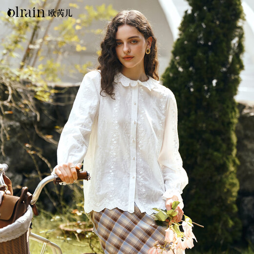 Olrain 50% off clothing French elegant white embroidered shirt autumn 2025 new lace collar chic shirt off-white S