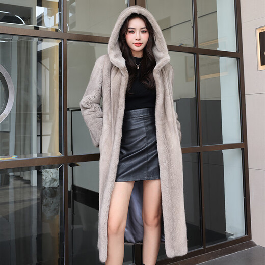 Winter Home Brand Fur 2025 New Imported Mink Coat Women's Full Mink Over Knee Long Hooded Mink Fur Jacket Silver Blue 2XL 140Jin[Jin equals 0.5 kg]-160Jin[Jin equals 0.5 kg]