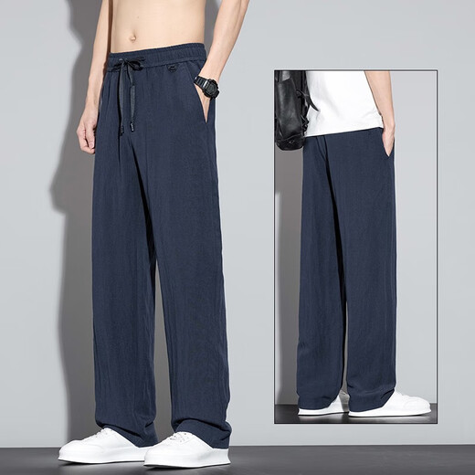 梦特娇（MONTAGUT）亚麻裤子男夏季薄款2025新款潮牌天丝宽松直筒阔腿垂顺休闲打底衫 691亚麻藏青 M 建议90-105斤