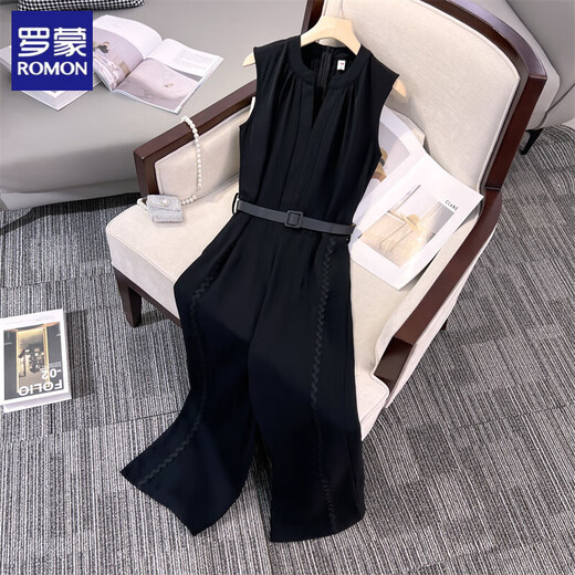 ROMON summer women's jumpsuits and versatile trendy casual pants loose and slimming new fashionable wide-leg pants sleeveless jumpsuits black jumpsuit S recommended 80-100 Jin [Jin equals 0.5 kg]