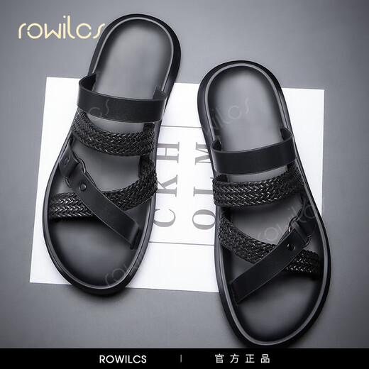 rowilcs品牌拖鞋男潮夏季2025新款男士休闲轻便一字拖防滑耐磨时尚沙滩鞋 黑色 38