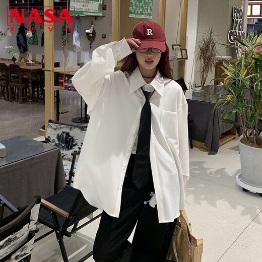 NASA XVVX Japanese teenager outfit white long-sleeved shirt men's trendy high-end college style dk casual shirt underwear top white L
