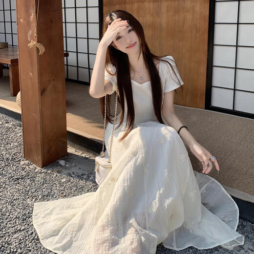 Bangboshi weißes Kleid kurzärmeligte gestickte florale langen Rock 2025 Sommer neuer Kaffee Break Französisch Elegantes Temperament sanftes Stil bestickter Kleid [Aprikosenfarbe] M Größe geeignet [85-100jin [Jin gleich 0,5 kg]]]