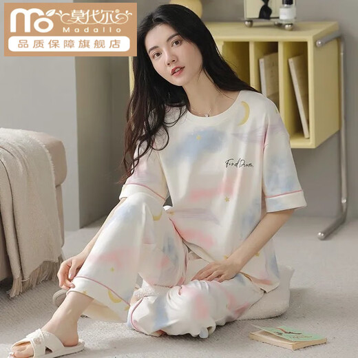 
Modal cotton pajamas for women short-sleeved trousers for summer Korean women's round neck suit thin cotton exterior wear home clothes RN9712# short-sleeved trousers Cotton M (80-100Jin [Jin equals 0.5 kg])