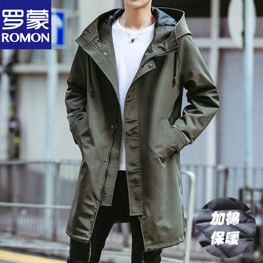 Lomon windbreaker men's mid-length British style Korean style trendy spring, autumn and winter cotton coat men's high-end casual coat military green regular XL 140-165Jin Jin equals 0.5 kg