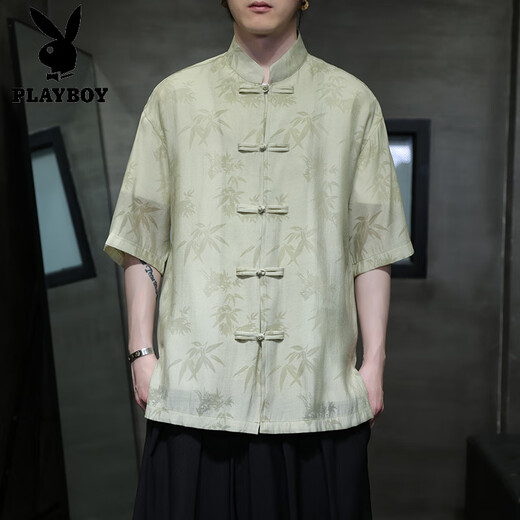 花花公子（PLAYBOY）夏季轻薄款短袖衬衫新中式古风盘扣唐装男装中国风竹叶上衣中山装 CS9898白色 L