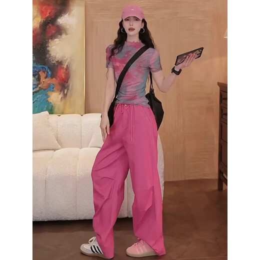Tachimis Touch Miss Trendy Modeanzug für Frauen 2025 Frühlings- und Sommer-neuer Stil Slim Contrasting Color Casual Zweiköpfige zweiköpfige langärmlige Top + Pink Hosen S [Gewicht 80-100 Jin [Jin entspricht 0,5 kg]]