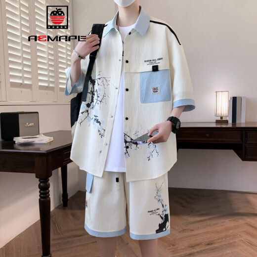 AEMAPE衬衫套装男夏季2025新款工装休闲衬衣男装一套搭配帅气夏天两件套 T719黑色 M