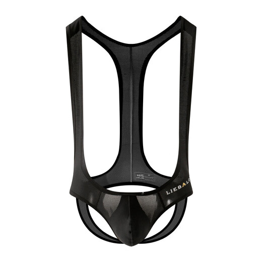 Secret night travel cross-border men's sexy underwear ice mesh pouch thong hollow breathable sexy double penis black M