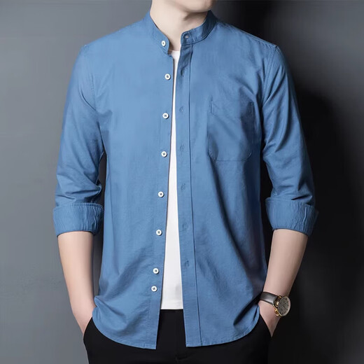 Hengyuanxiang stand-up collar denim shirt men's long-sleeved summer thin neckless round neck spring and autumn top blue ice silk casual shirt 11162 light blue M 170