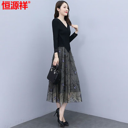 恒源祥纱料连衣裙女春秋2025新款夏高端精致奢华品牌气质名媛假两件套装 黑色 M 建议85-100斤