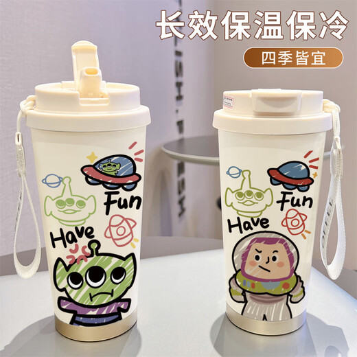 茵桐保温杯高颜值便携办公咖啡杯大容量吸管水杯 不锈钢古董白-BXAB15264紫色兔子 陶瓷覆层