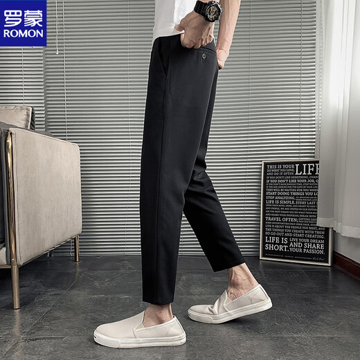 ROMON solid color casual trousers, versatile trousers for spring, autumn and winter, trendy handsome trousers, Korean style slim-fitting nine-point trousers for men, black trousers, plus* velvet version 27