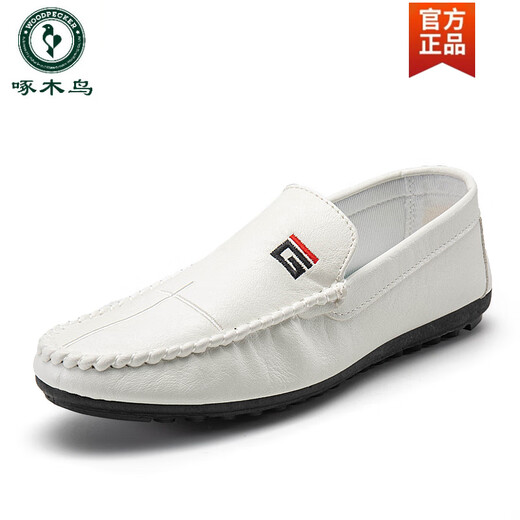 Woodpecker white bean shoes men's spring and summer lazy shoes versatile new trendy driving men's shoes Korean casual soft leather shoes White 9880 43