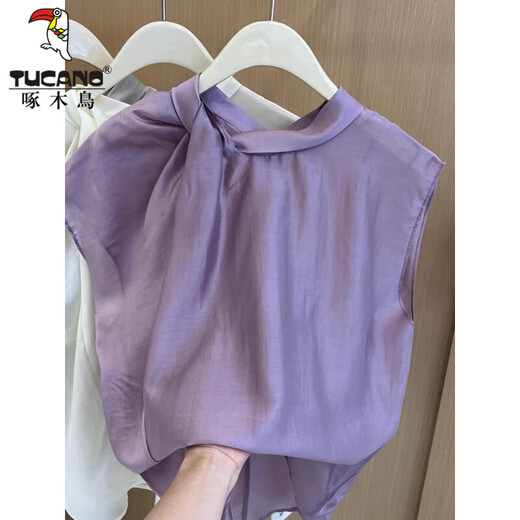 Woodpecker Ice Silk Niche Design Beautiful Sleeveless Shirt Women's Summer Korean Style Sweet Temperament French Top 6160-Purple XL Recommended 115-125Jin Jin equals 0.5 kg