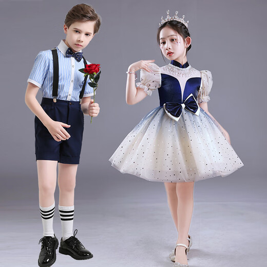 Children's Chorus Performance Clothes for Primary and Secondary Schools, Piano Recitation Dress, Kindergarten Performance Clothes, Girls' Puff Skirt, White Short Sleeves + Ju Ge Shorts + 55-4 Strap + Ju Ge 180 cm