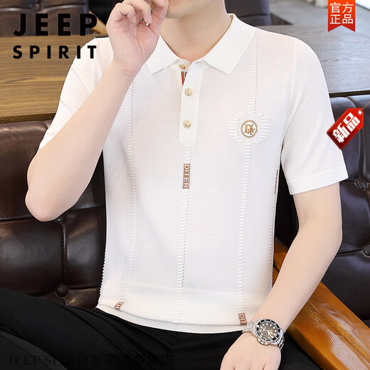 JEEP SPIRIT翻领针织短袖t恤男士薄款修身夏季冰丝上衣潮流上衣polo体恤衫男 2575-白色 M 90-105斤
