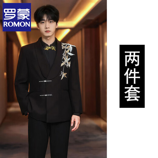 ROMON high-end new Chinese style suit men's Chinese style loose Tang suit suit groom wedding suit green fruit collar black two-piece suit jacket + pants L 149-164Jin Jin equals 0.5 kg