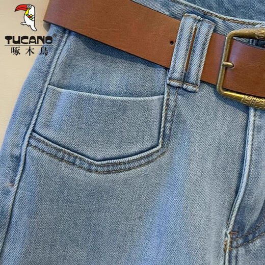 Woodpecker A-version large light-flaring wide-leg jeans for women in spring, summer and autumn new style, high waist drooping light-colored trousers floor-moving pants, light blue trousers/without belt [High quality] L [Suggested 110-120Jin [Jin equals 0.5 kg]]
