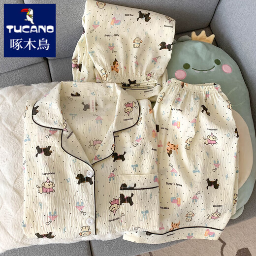 Woodpecker HelloKitty pure cotton gauze pajamas for women in summer short-sleeved 2025 new cute three-piece set home clothing Yunduo Cotton-J9901# Paradise Puppy Three-piece Set M [Suggestion 75-100Jin [Jin equals 0.5 kg]]